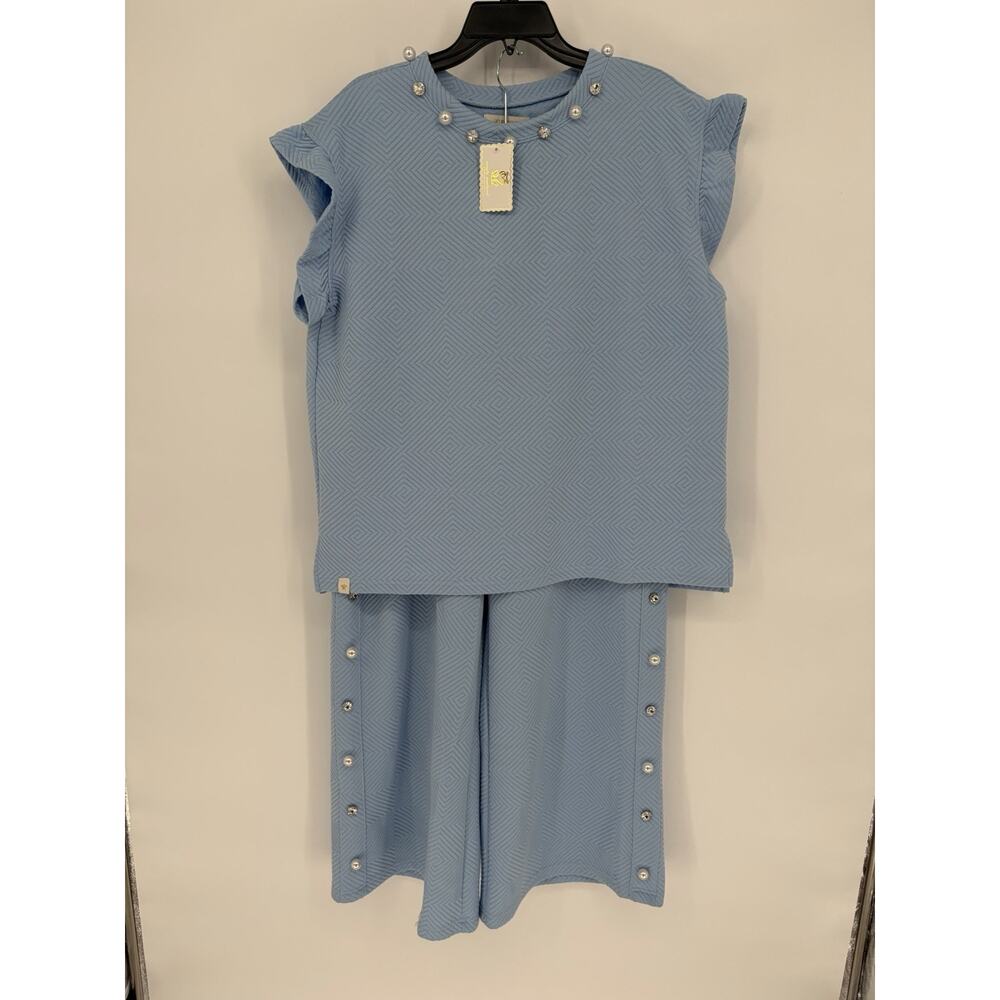 Simply Southern NWT XL Blue 2 Pc Lounge Set Pearl Rhinestone Top Wide Leg Pants - Picture 12 of 16